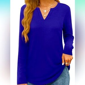 OFEEFAN Long Sleeve V Neck Dressy Blouse, Loose Fit Tunic Top Curved Hem size L